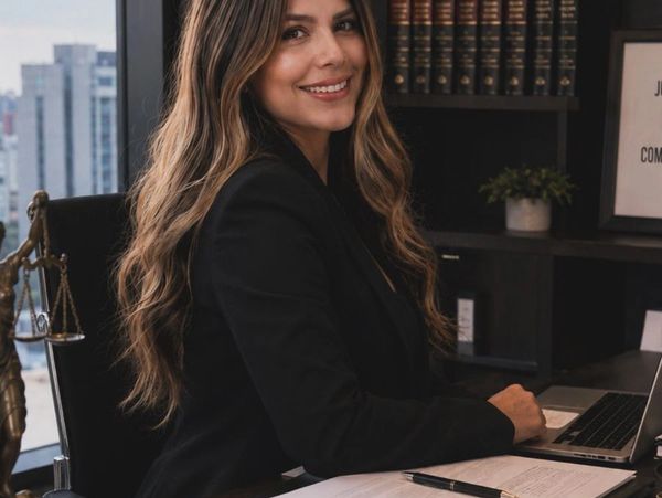 Professional woman smiling at her office desk with legal books and laptop.