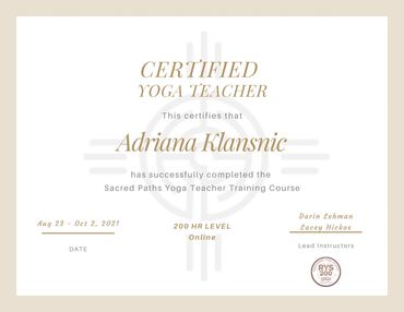 Certificate for 200 hour Yoga Teacher Training