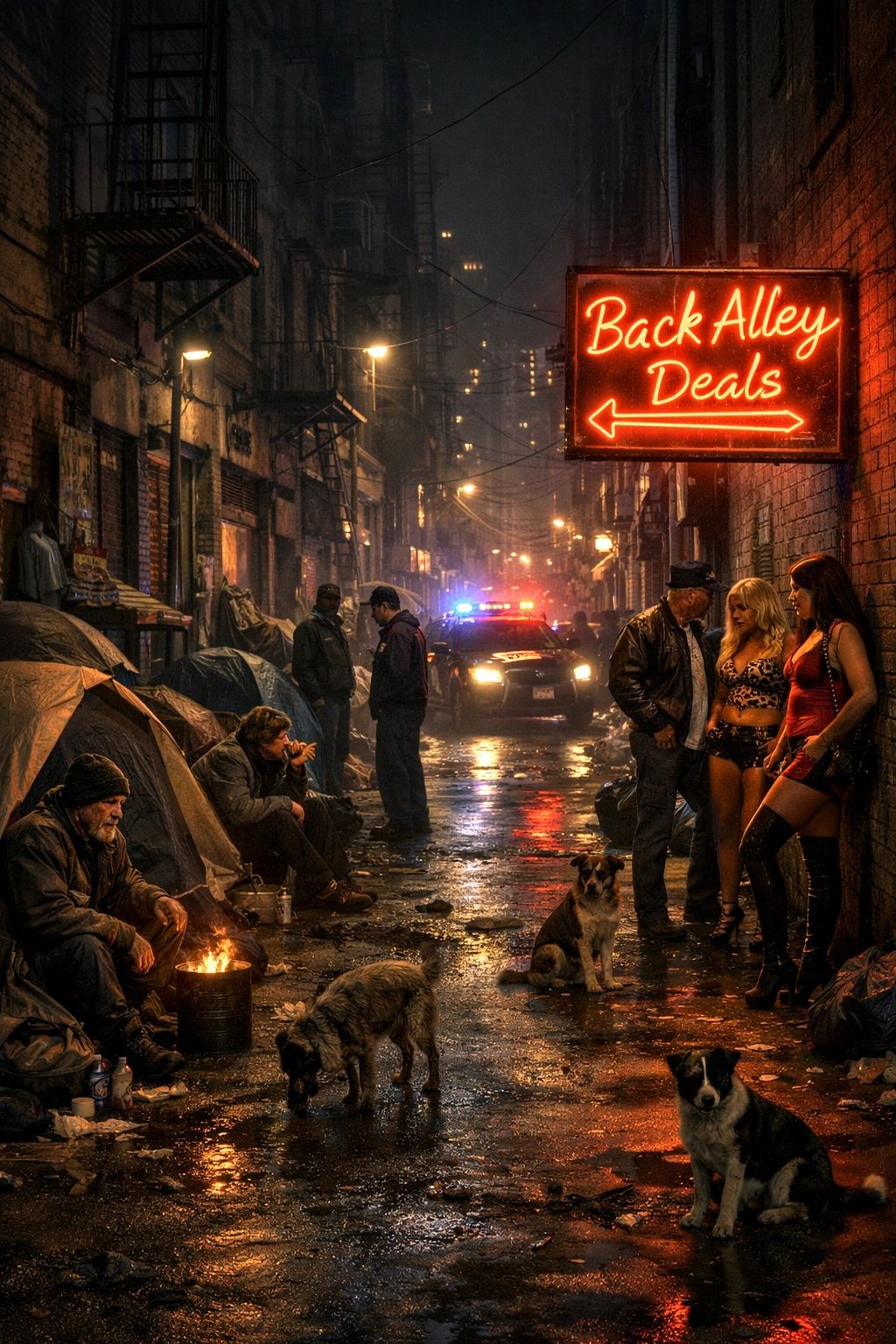 Dimly lit back alley with neon sign, people, dogs, and a police car in the rain.