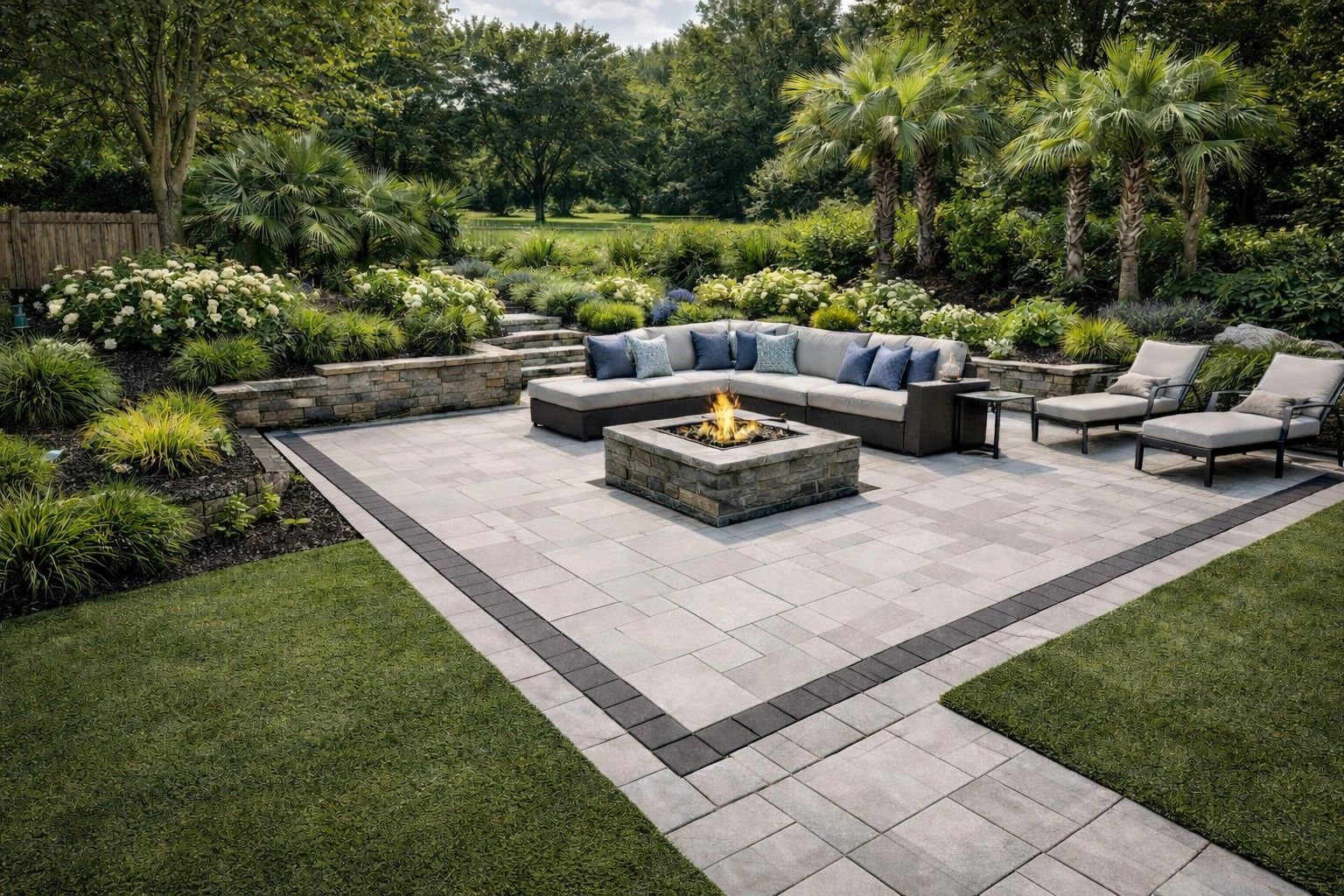 Modern outdoor patio with cushioned seating and central fire pit surrounded by lush greenery.