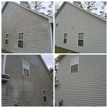 Before and after photos of a house's exterior after cleaning.