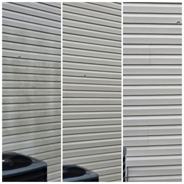 Three photos showing before and after cleaning and repairing siding on a house.