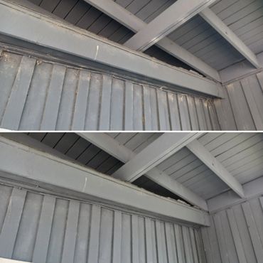 Two images showing a gray wooden ceiling and wall corner with some dust and spider webs.