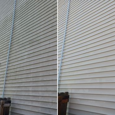 Side-by-side comparison of a house siding before and after cleaning.