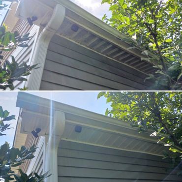 Before and after photos showing clean white gutters and soffit on a house.
