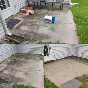 Three images showing a concrete patio area before and after cleaning.