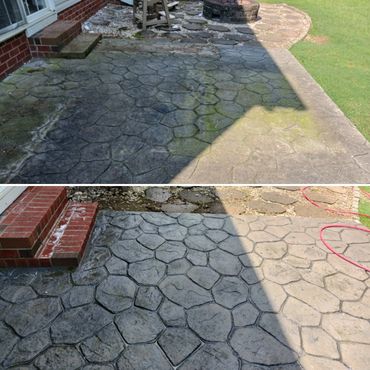 Comparison of a dirty and clean stamped concrete patio.