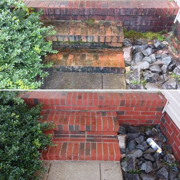 Before and after cleaning of a brick stairway and surrounding stones.