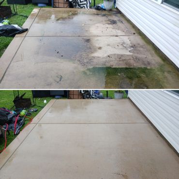Before and after images of a pressure-washed concrete patio.