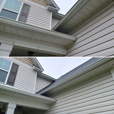 Before and after images of a house exterior showing cleaned and repainted trim.