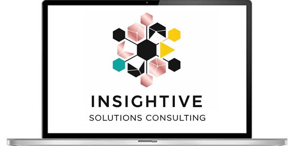 Laptop screen showing Insightive Solutions Consulting logo with colorful geometric shapes.