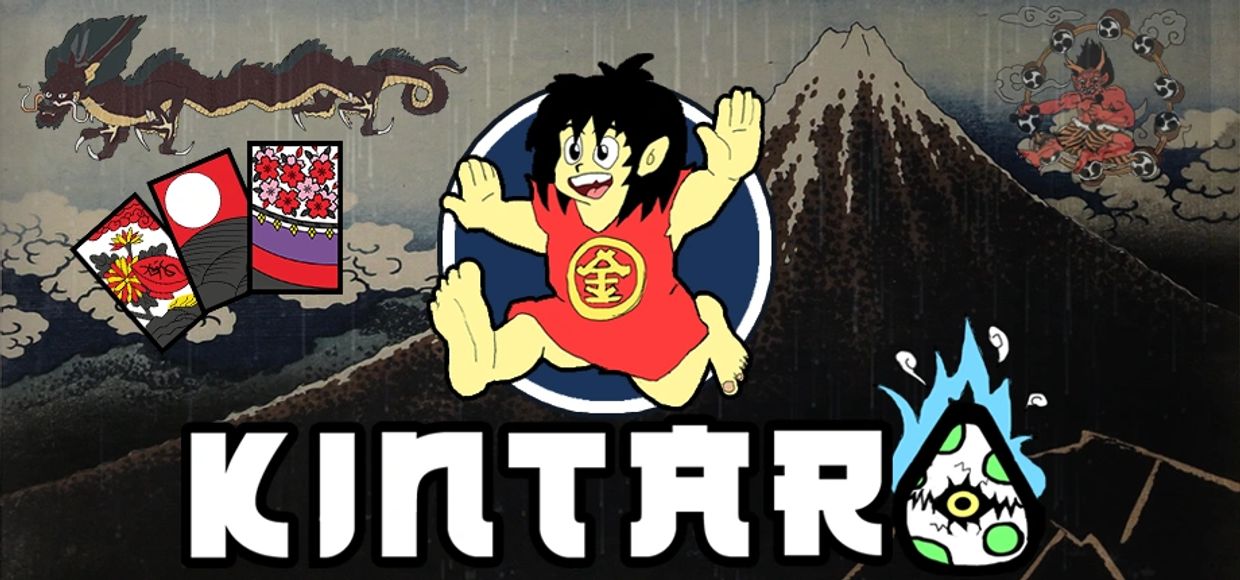 Colorful Kintaro character with Japanese-themed background and text.