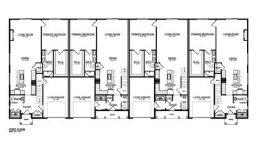 Floor plan of a multi-unit residential building with garages, kitchens, living rooms, and bedrooms.
