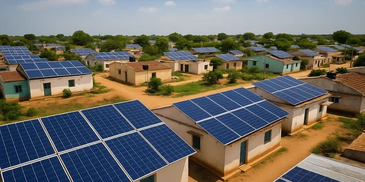 Small houses equipped with solar panels on the roofs in a sunny village.