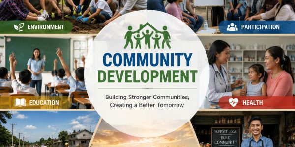 Community development focuses on environment, participation, education, and health for stronger communities.