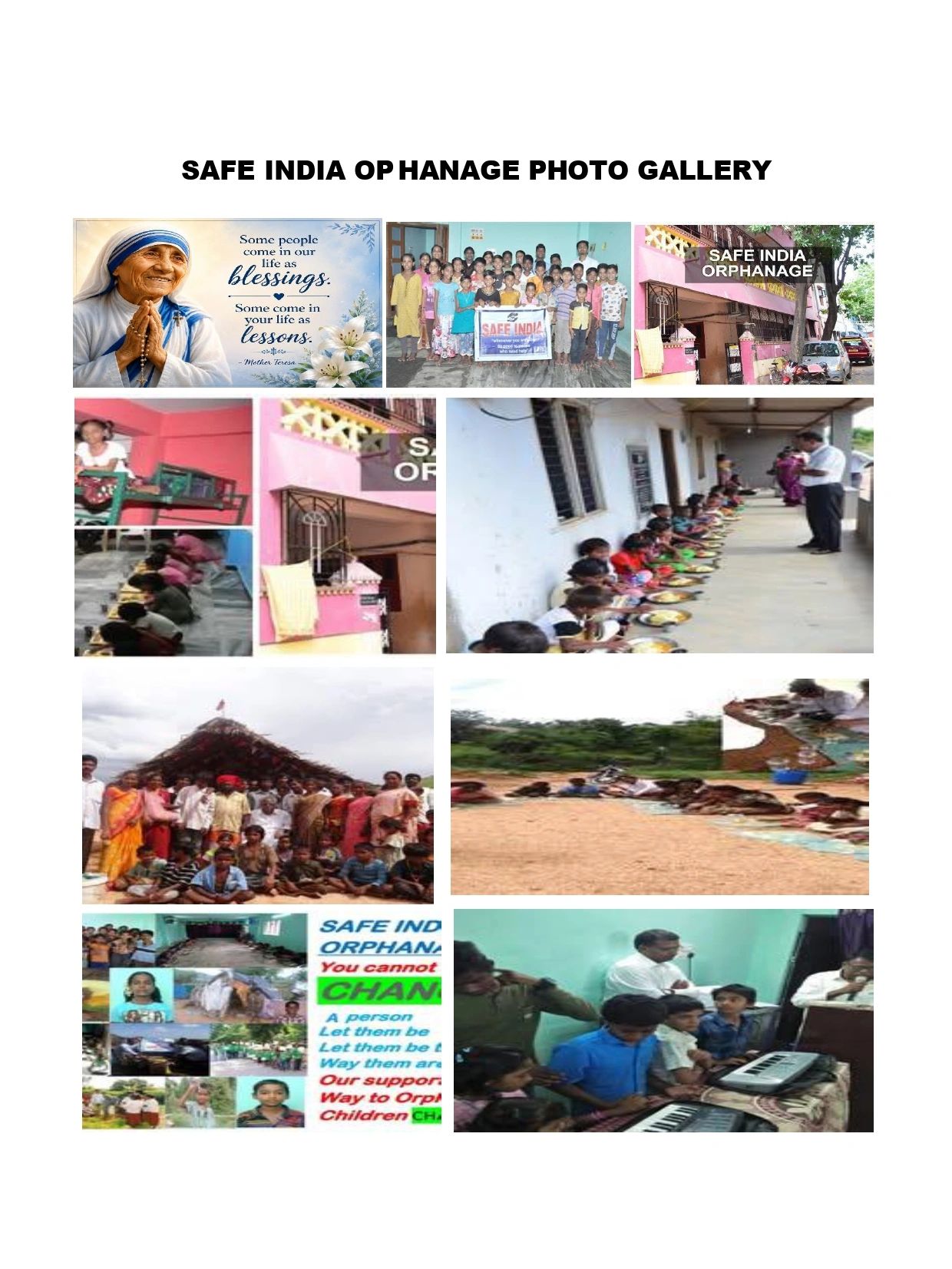 Collage showing life at Safe India Orphanage with children, meals, music, and community activities.