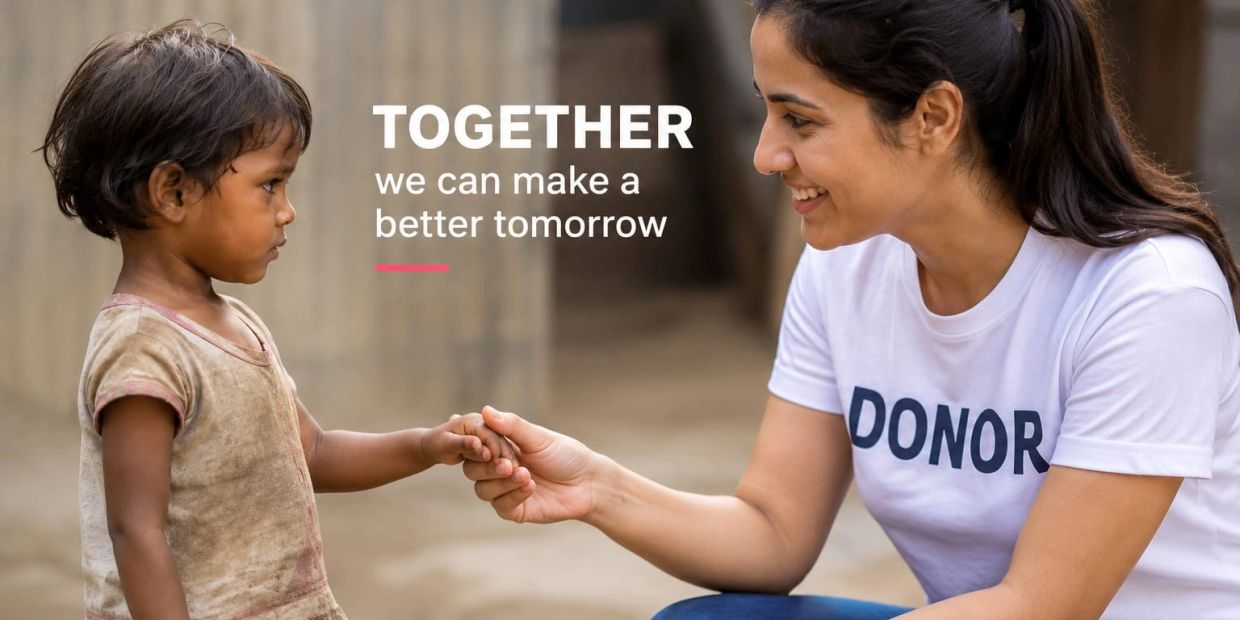 A donor woman holding hands with a child, symbolizing hope and support.
