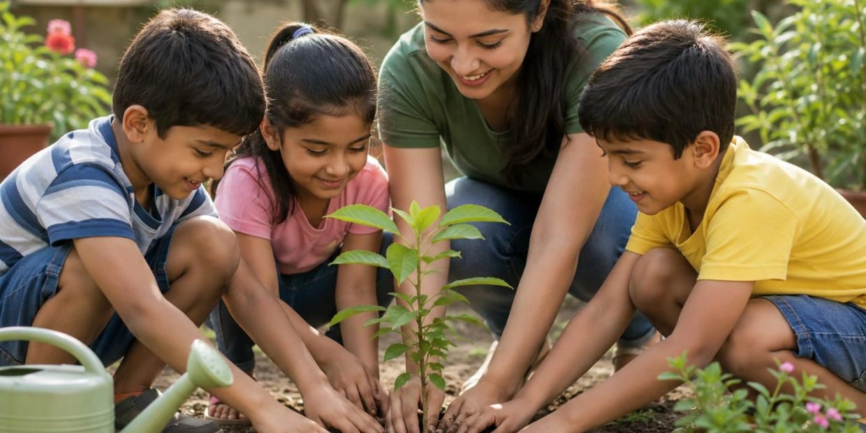 A woman and three children happily plant a young tree together outdoors.
