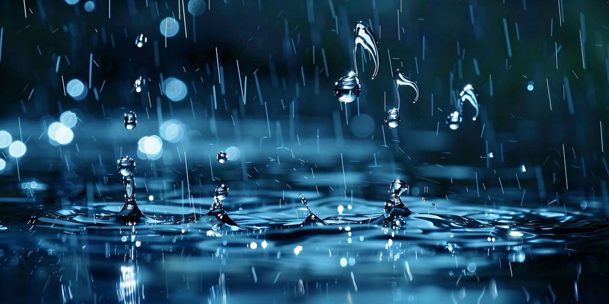 Raindrops forming musical note shapes on a water surface in low light.