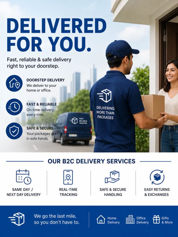 A delivery person hands a package to a smiling woman at her doorstep, emphasizing fast and secure delivery.