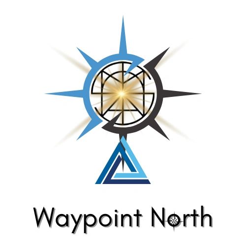 A compass with a guiding light in the center and the words Waypoint North