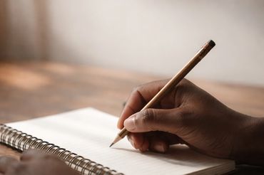 Person writing in a spiral notebook with a pencil on a wooden table.