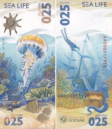 Artistic sea life banknotes featuring a jellyfish and underwater treasure scene.