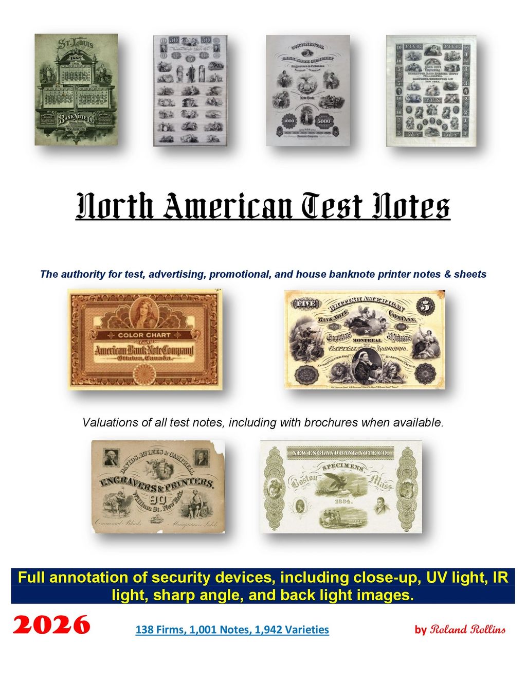 Cover page of North American Test Notes featuring vintage banknote images and annotation details.