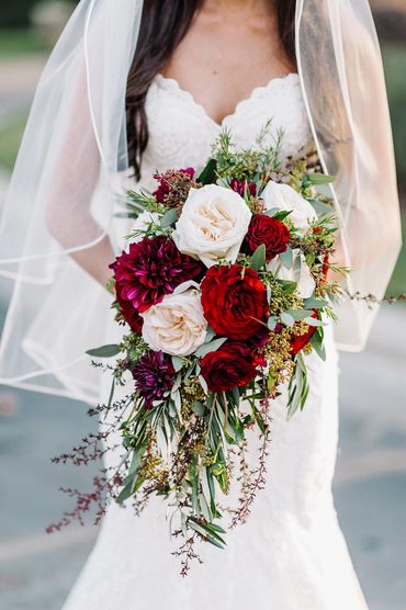  cascade bridal bouquet, wedding bouquet, wedding flowers, cascade bouquet, Burgundy wedding flowers