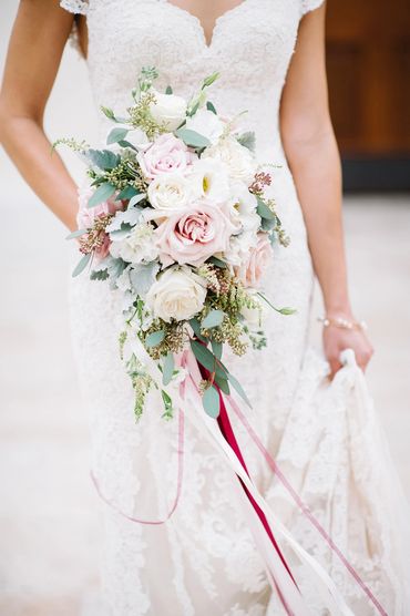 bridal bouquet, wedding bouquet, wedding flowers, pastel cascade bouquet with bride
