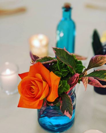 bud vase, flower vase, flower bud vase, orange rose, blue glass vase