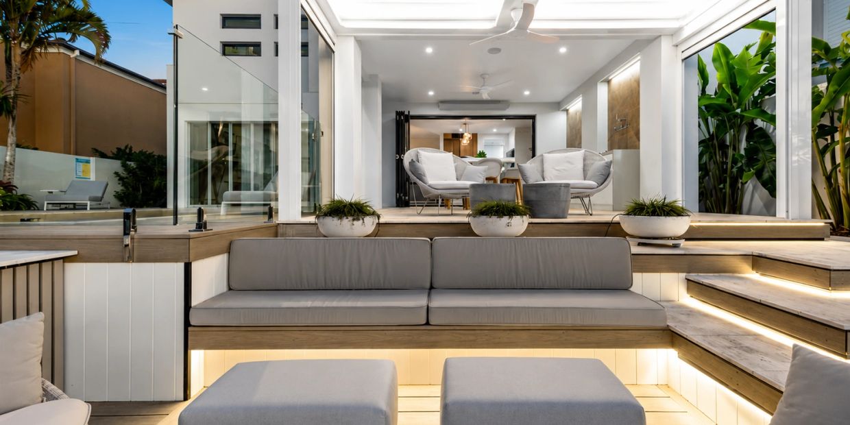 Modern outdoor seating area with illuminated steps and glass railing.