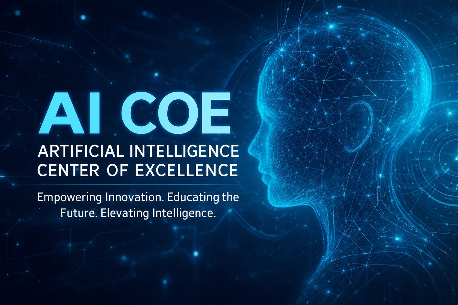 Digital profile of a human head with AI COE text highlighting Artificial Intelligence Center of Excellence.