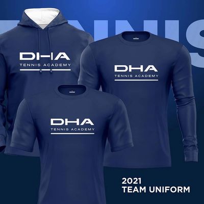 Blue hoodie, long sleeve and t-shirt branded with DHA tennis academy