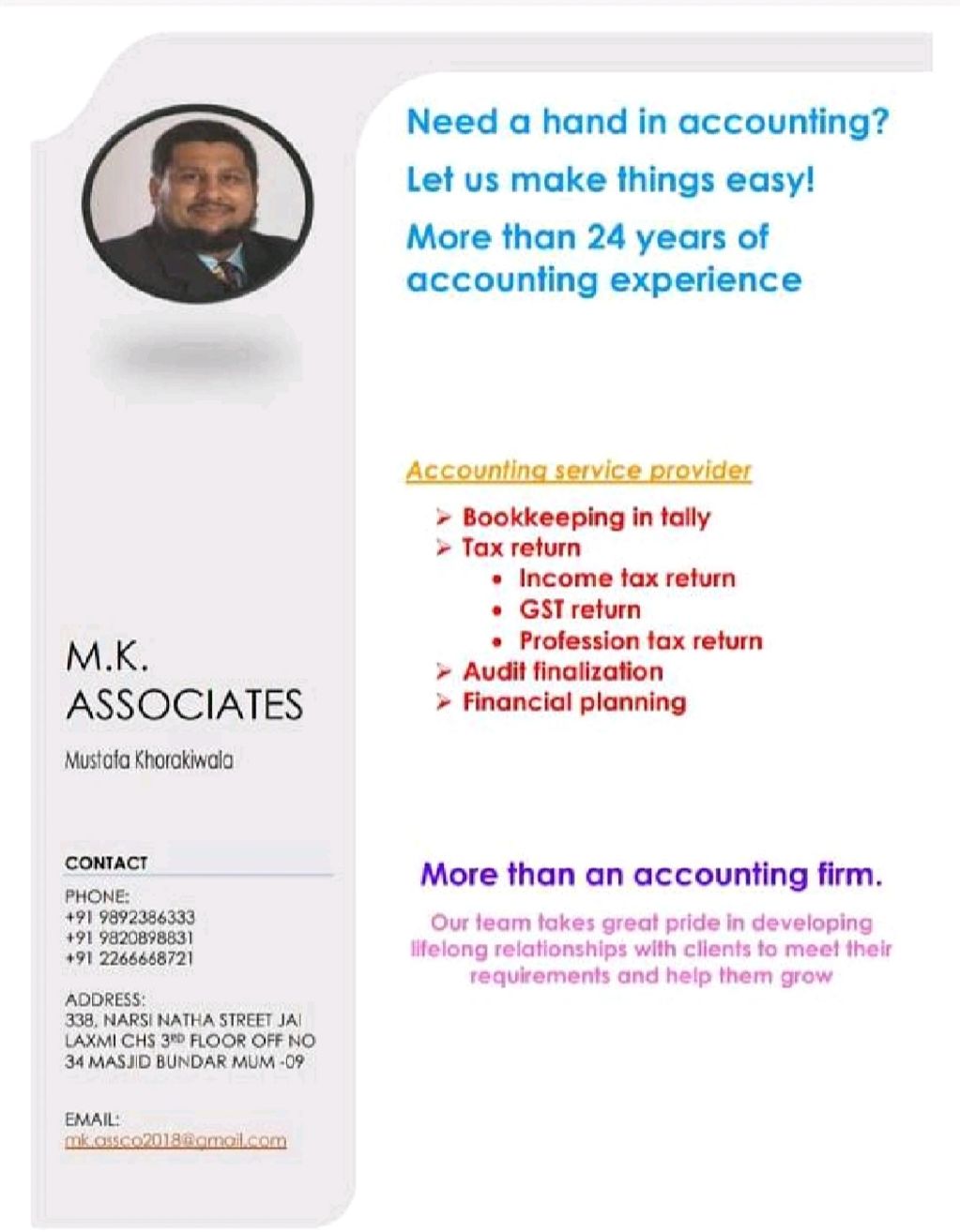 We provide accounting services with more then 24 years of experience