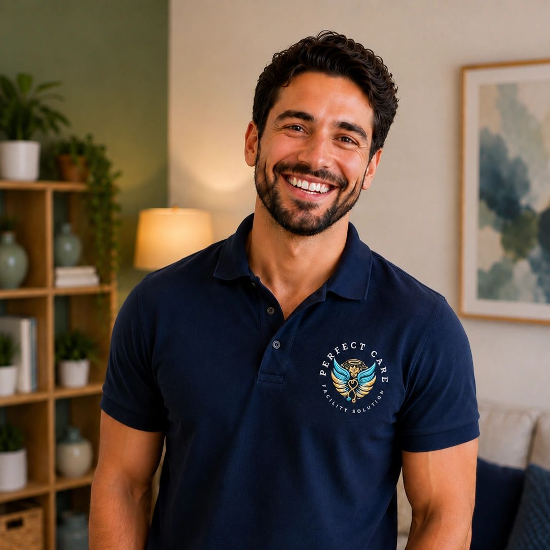 Smiling man wearing a navy polo with 'Perfect Care' logo.