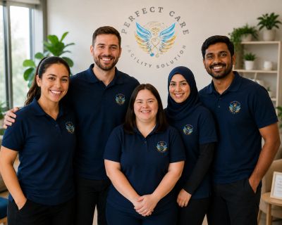 Diverse smiling team wearing matching navy polo shirts with company logo.