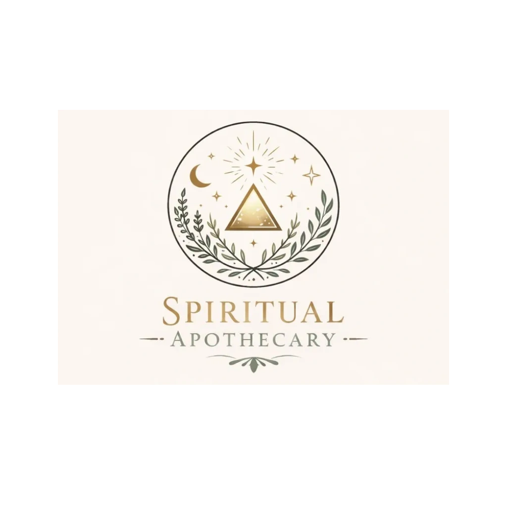 Elegant Spiritual Apothecary logo with celestial and botanical elements.