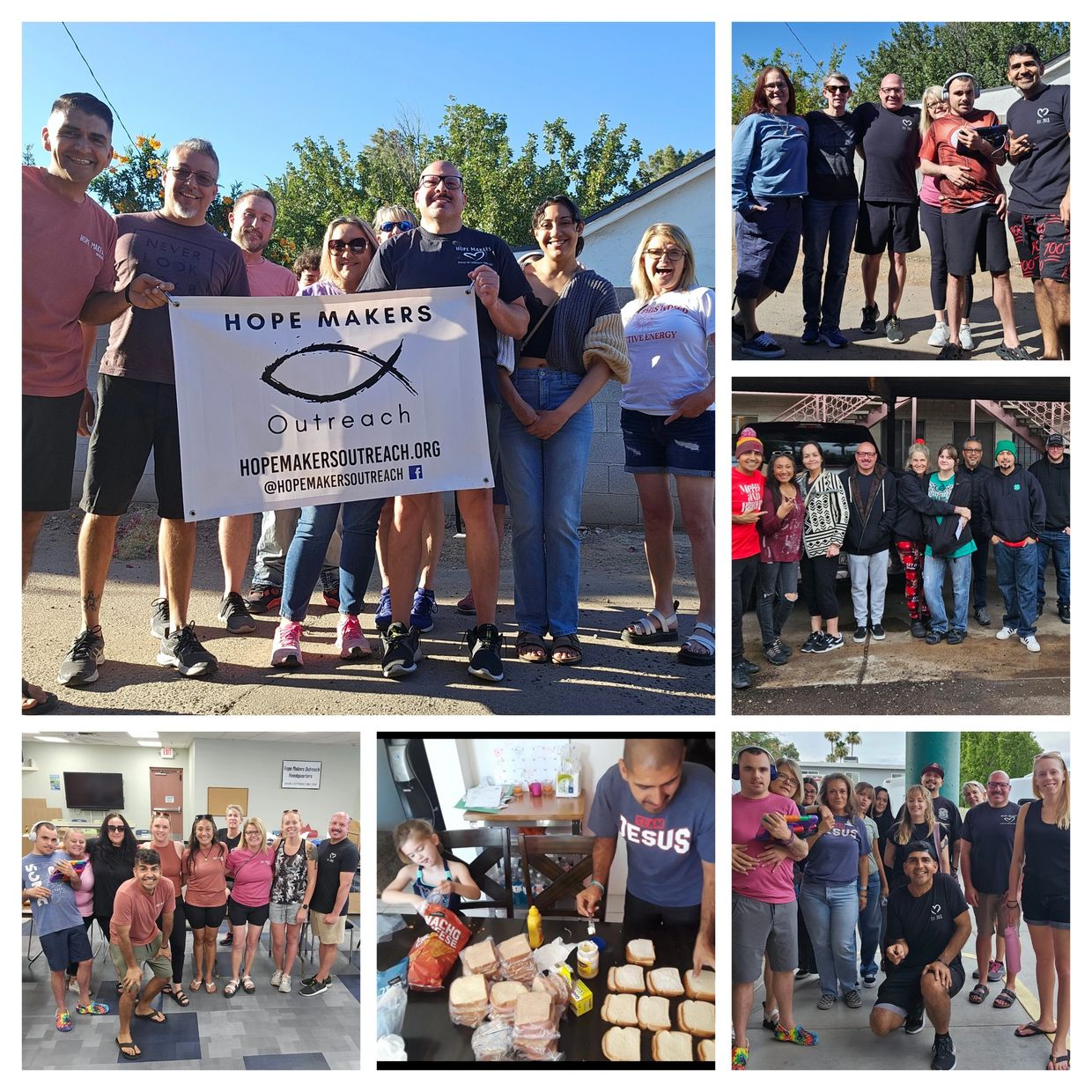 Hope Makers Outreach volunteers in various group photos and preparing sandwiches.