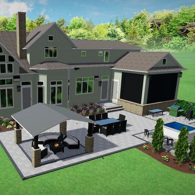 landscape design, 3d design, paver patio, installation and design, rendering, bricks