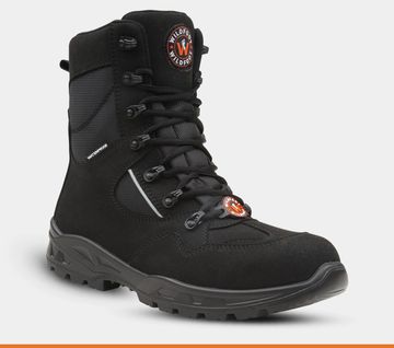 Black tactical boot with lace-up design and sturdy sole.