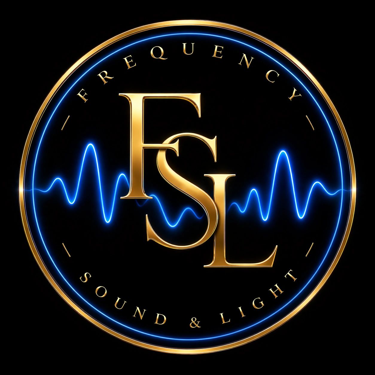 Elegant logo with gold letters FSL and blue sound wave inside a glowing circle.