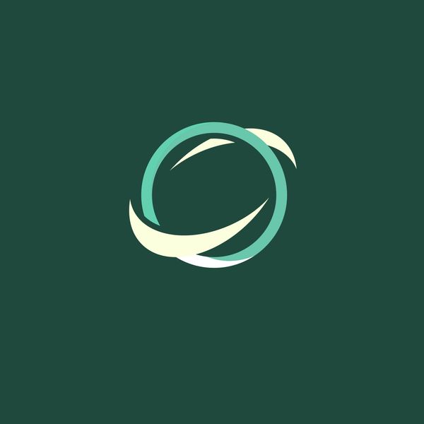 Minimalist circular logo with intertwining teal and cream curves on dark green background.