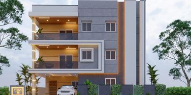 Modern three-story villa with balconies and a car parked outside.