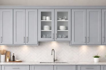 Shaker gray kitchen cabinets in stock at Kitchen Cabinets Deal showroom in Chicago.