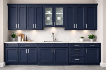 Shaker navy blue kitchen cabinets in stock at Kitchen Cabinets Deal showroom in Chicago.