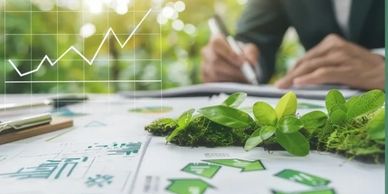 Green plants on financial documents with a person working in the background.