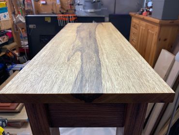 Customer's Black Limba hall table, with Walnut stretchers and legs