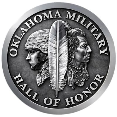 Oklahoma Military Hall of Honor emblem with soldier and Native American profiles.
