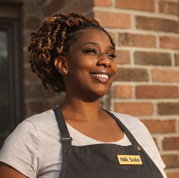Smiling woman wearing a name tag 'Nik Solo' and an apron stands against a brick wall.